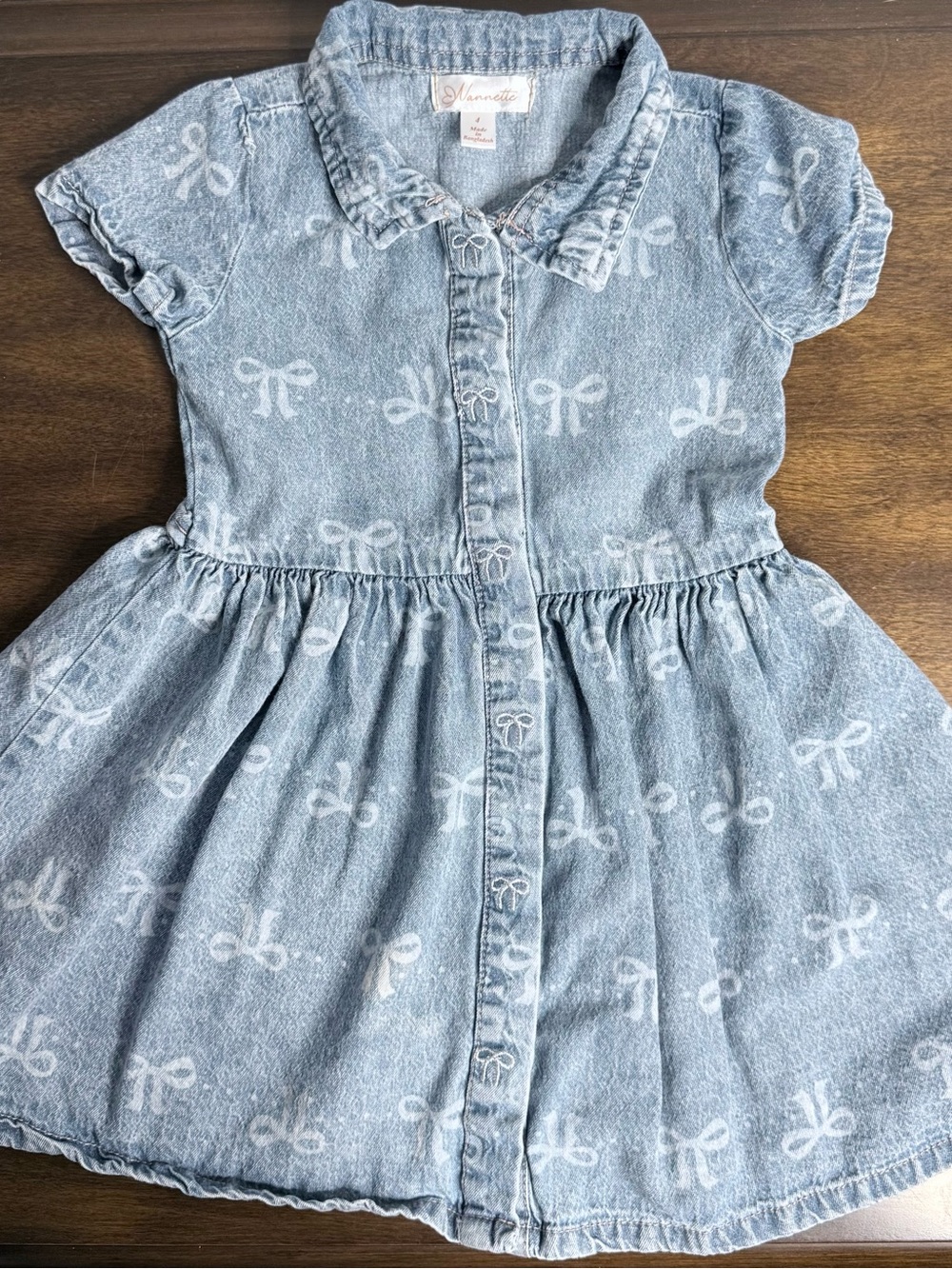 Nannette Light Blue Chambray Dress with White Bow Print